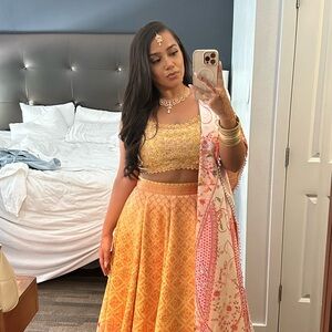 Yellow - Orange Floral Printed Lehenga Set